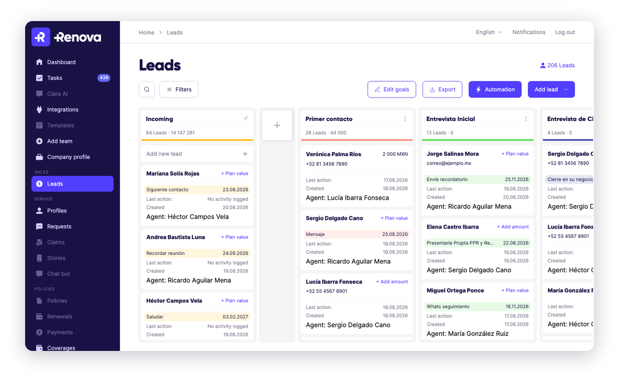 Prospects land in your pipeline from every channel: WhatsApp, Instagram, TikTok, email and your website